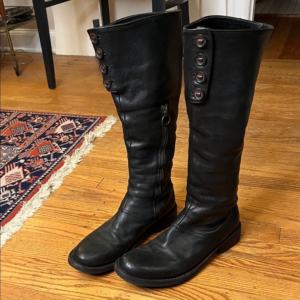 Fiorentini + Baker Black Knee-High Leather Boots with Button Detail